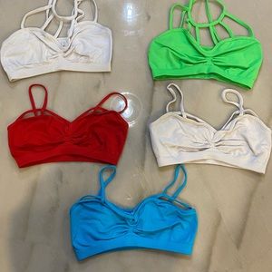5 Malibu Sugar Bra Cami . 2 white, 1 turquoise, 1 red, 1 lime green.